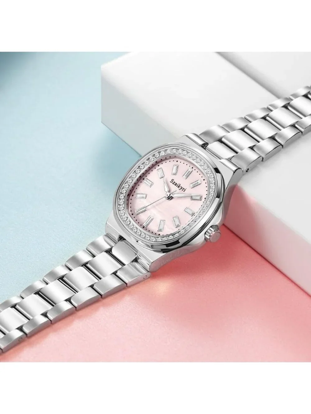 Women's Silver Pink Crystal Accented Solid Stainless Steel Band Wrist Watch